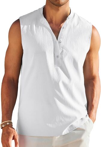 COOFANDY Sleeveless Beach Shirts for Men Summer Tank Shirts Casual Henley Tank Top in Kuwait