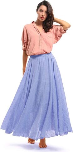 OCHENTA Women's Girls Elastic Waist Long Flowy Bohemian Cotton Casual Maxi Skirt for Summer Beach Holiday in Saudi Arabia