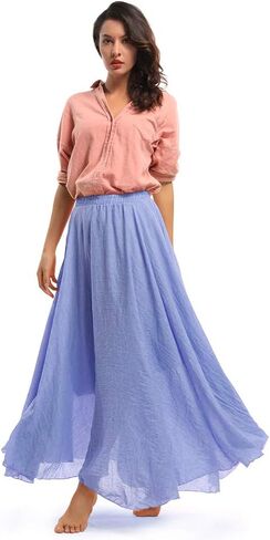 OCHENTA Women's Girls Elastic Waist Long Flowy Bohemian Cotton Casual Maxi Skirt for Summer Beach Holiday in Saudi Arabia