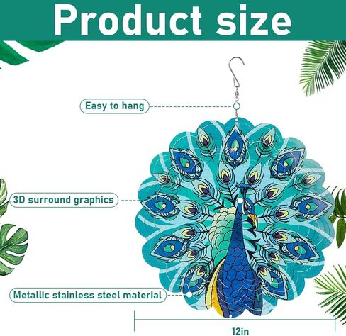 Wind Spinner-3D Stainless Steel Hanging Wind Catchers Kinetic,Hanging Ornament Outdoor Wind Spinner,12Inch Wind Spinners Outdoor Hanging for Gardens and Courtyards（Peacocks） in Saudi Arabia