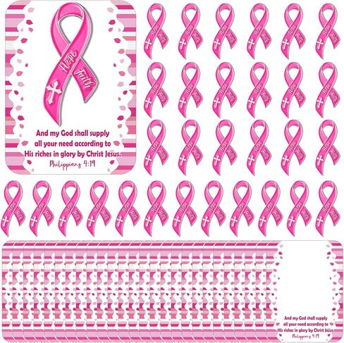 30 Sets Pink Ribbon Pins on Card Bulk Religious Faith Hope Breast Cancer Awareness Pins Gifts Pink Ribbon Lapel Pins with Bible Verse Christian Card for Women Survivors Charity Event in Saudi Arabia