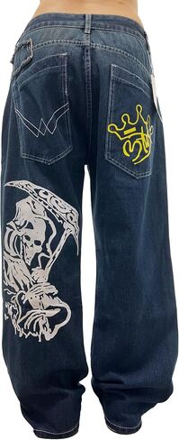 Unisex Y2K Hip Hop Street Jeans Skeleton Printed Gothic Baggy Jeans Vintage High Waist Denim Jeans Wide Leg Pants in Saudi Arabia