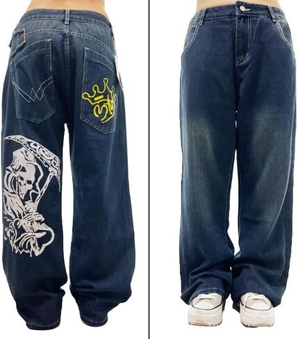 Unisex Y2K Hip Hop Street Jeans Skeleton Printed Gothic Baggy Jeans Vintage High Waist Denim Jeans Wide Leg Pants in Saudi Arabia