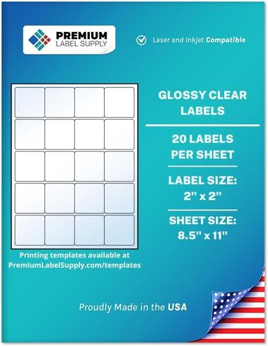 ملصقات مربعة لاصقة لامعة وشفافة من Premium Label Supply - 2 بوصة × 2 بوصة - متوافقة مع الليزر/النافثة للحبر - (20 ملصقًا/ورقة)، 10 ورقات - 200 ملصق لاصق إجمالي in Kuwait