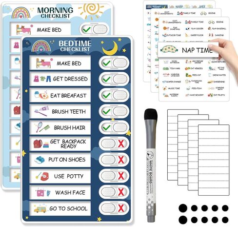 2 in 1 Bedtime/Morning Routine Chart for Kids Toddlers, Magnetic Chore Chart for Kids, Cute Visual Schedule for Kids Schedule Board for Home, Kids Checklist to Do List ADHD Tools for Kids in Kuwait