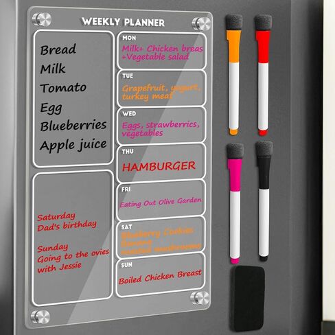 Acrylic Magnetic Calendar for Fridge, Weekly Planner Transparent Dry Erase Board for Refrigerator includes 4 Colors Markers and Eraser Apartment Decor Must Haves Acrylic Board for Kitchen（12"X8"） in Saudi Arabia