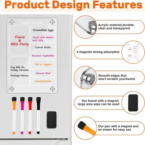 Acrylic Magnetic Calendar for Fridge, Weekly Planner Transparent Dry Erase Board for Refrigerator includes 4 Colors Markers and Eraser Apartment Decor Must Haves Acrylic Board for Kitchen（12"X8"） in Saudi Arabia