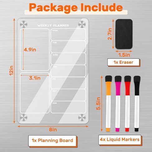 Acrylic Magnetic Calendar for Fridge, Weekly Planner Transparent Dry Erase Board for Refrigerator includes 4 Colors Markers and Eraser Apartment Decor Must Haves Acrylic Board for Kitchen（12"X8"） in Saudi Arabia
