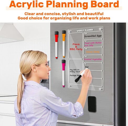 Acrylic Magnetic Calendar for Fridge, Weekly Planner Transparent Dry Erase Board for Refrigerator includes 4 Colors Markers and Eraser Apartment Decor Must Haves Acrylic Board for Kitchen（12"X8"） in Saudi Arabia