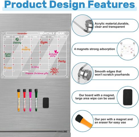 Acrylic Magnetic Calendar for Fridge, Weekly Planner Transparent Dry Erase Board for Refrigerator includes 4 Colors Markers and Eraser Apartment Decor Must Haves Acrylic Board for Kitchen（12"X8"） in Saudi Arabia