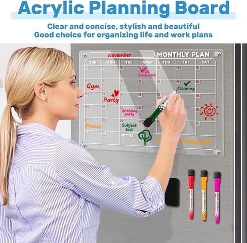 Acrylic Magnetic Calendar for Fridge, Weekly Planner Transparent Dry Erase Board for Refrigerator includes 4 Colors Markers and Eraser Apartment Decor Must Haves Acrylic Board for Kitchen（12"X8"） in Saudi Arabia