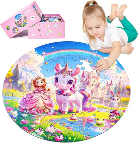 Floor Puzzles for Kids Ages 4-6, 70 Pieces Large Round Unicorn Princess Floor Puzzle Unicorn Jigsaw Puzzle Toy for 3 4 5 6 Toddler Girls - Educational Christmas, Birthday Gift in Saudi Arabia