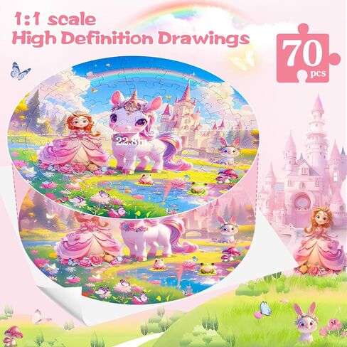 Floor Puzzles for Kids Ages 4-6, 70 Pieces Large Round Unicorn Princess Floor Puzzle Unicorn Jigsaw Puzzle Toy for 3 4 5 6 Toddler Girls - Educational Christmas, Birthday Gift in Saudi Arabia