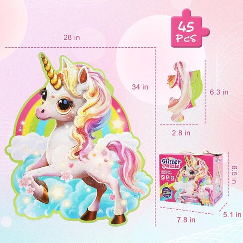 45 Piece Jumbo Shimmery Unicorn Puzzles for Kids Ages 4-6, Large Floor Unicorn Puzzle for Girls 4-6 with Puzzle Sticker Sheets, Perfect Unicorn Toys for Girls Age 4-6, Ideal Gifts for 5 Year Old Girls in Saudi Arabia