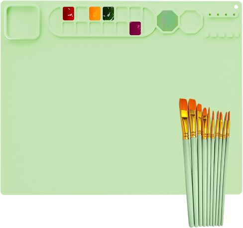 حصيرة فنية من السيليكون المحمولة من RGBMIX Art Supplies مع 10 فرش طلاء، 20 بوصة × 16 بوصة من السيليكون بساط رسم كبير من السيليكون للفنانين باللون الأخضر in Saudi Arabia