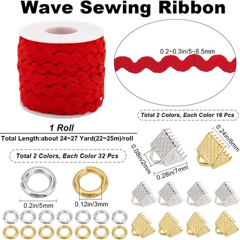 GORGECRAFT 27 Yards Blue Rick Rack Trim Ribbon 1/4 inch~3/8 inch Wave Sewing Bending Fringe Trim with 32Pcs 2 Colors Iron Ribbon Crimp Ends and 64Pcs 2 Colors Jump Rings for DIY Sewing Crafts Clothes in Saudi Arabia