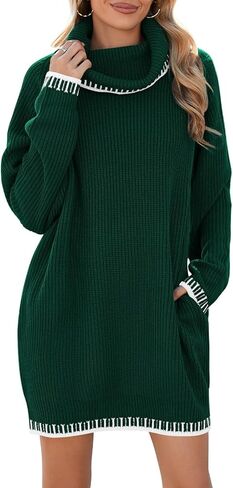 Pink Queen Women's Oversized Turtleneck Sweater Dress 2024 Casual Loose Long Sleeve Fall Winter Knit Mini Dress with Pockets in Kuwait
