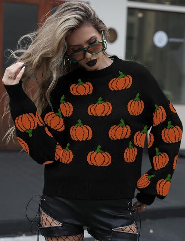 المرأة عادية هالوين اليقطين البلوز سترة طاقم الرقبة محبوك كم طويل لطيف اليقطين العصرية الخريف البلوز القمم أسود in Kuwait