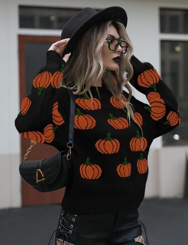 المرأة عادية هالوين اليقطين البلوز سترة طاقم الرقبة محبوك كم طويل لطيف اليقطين العصرية الخريف البلوز القمم أسود in Kuwait