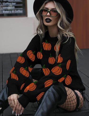 المرأة عادية هالوين اليقطين البلوز سترة طاقم الرقبة محبوك كم طويل لطيف اليقطين العصرية الخريف البلوز القمم أسود in Kuwait