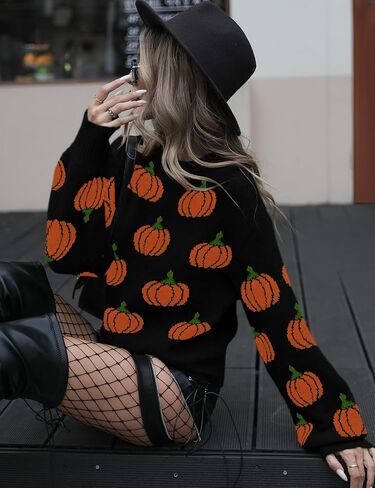 المرأة عادية هالوين اليقطين البلوز سترة طاقم الرقبة محبوك كم طويل لطيف اليقطين العصرية الخريف البلوز القمم أسود in Kuwait