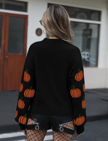 المرأة عادية هالوين اليقطين البلوز سترة طاقم الرقبة محبوك كم طويل لطيف اليقطين العصرية الخريف البلوز القمم أسود in Kuwait