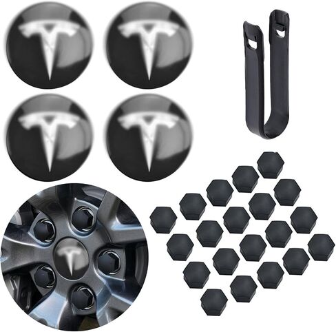 Car Wheel Center Hub Cap Kit with Logo, Hubcaps Accessories for TES la Model 3 Model Y 4 Black & Sliver Hub Center Caps + 22 Black Lug Nut Covers in Saudi Arabia
