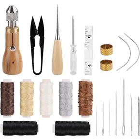 23pcs Sewing Awl Kit, Leather Stitching Awl Tool Sewing Repair Awl Thread Kit with Straight Needles & Curved Needles & Wax Thread Handheld, Small Screwdriver Yarn Scissors Needle Threader