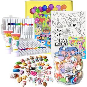 COOLORCAT Paint Pre-Drawn Canvas Cute Decoden 60+ Charms Craft Kit, 24 Acrylic Markers DlY Art Supplies Arts and Crafts for Kids Ages 6-12 Toys Girls Boys Birthday Gift (Birthday Party)