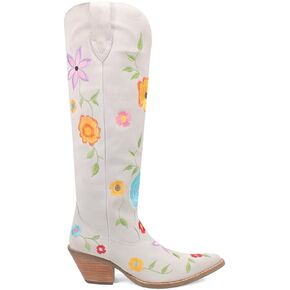 Dingo Womens Flower Power Embroidered Floral Snip Toe Casual Boots Over the Knee Mid Heel 2-3" - White
