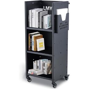 Library Carts with Wheels, 200LBS Single Sided L-Shaped Shelves with 2 Inch Lockable Wheels for Home Shelves Office and School, Book Carts (Black)