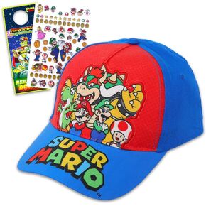 Nintendo Super Mario Family Hat - Super Mario Baseball Cap Bundle with Bowser, Mario, Luigi, Toad, and Yoshi Plus Stickers, Door Hanger | Super Mario Baseball Hat for Kids