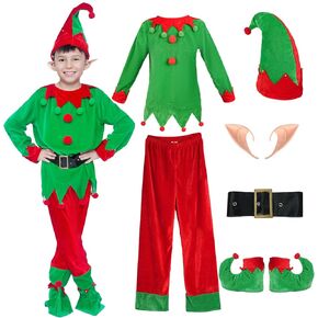 Kids Christmas Elf Costume Set Boys Girls Velvet Elf Dress Up Santa's Helper Costume Child Xmas Holiday Outfit