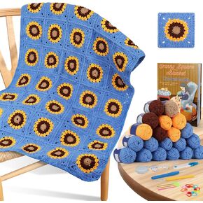 Coopay Crochet Kit Beginners for Blanket, Sunflower Granny Squares Crochet Blanket Kit with Instructions & Yarn, Blanket Crochet Start Kit Complete Knitting Kit Learn to Crochet Blanket Set for Adults