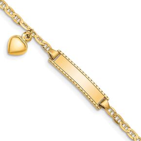 14K Solid Yellow Gold Heart Love Dangling Anchor Mariner Link Name Bar Identification ID Bracelet