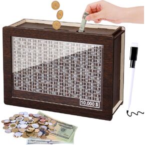 Cash Vault Wooden Savings Box, Wooden Cash Saver Money Box, Cash Coin Retro Money Savings Box with Counter, Saving Challenge Box 10,000, Money Box for Kids Adults(Black)