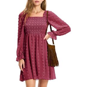 EXLURA Women's 2024 Fall Long Sleeve Party Swiss Dot Dress Smocked Ruffle Cocktail Mini Dresses