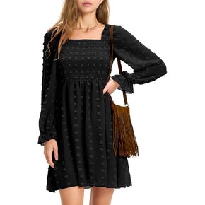 EXLURA Women's 2024 Fall Long Sleeve Party Swiss Dot Dress Smocked Ruffle Cocktail Mini Dresses