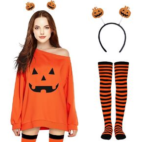 Halloween Pumpkin Customs for Women: Pumpkin Sweatshirt Dress Set - Halloween Woman Costume Off Shoulder Pullover Tops