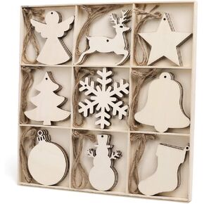 MACTING 30pcs Unfinished Wood Christmas Ornaments with Holes, Christmas Hanging Decorations for Kid's DIY Gift Craft Xmas Tree, 6 Shapes-Angel, Deer, Ball, Doll, Snowman, Tree