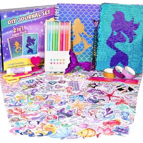 2-Pack DIY Journal Kit for Girls Ages 8-12 13 14 Year Olds, Birthday Gifts for Teen Girls, 110pcs Art Crafts Scrapbook Supplies for Tween Kids, Kawaii Diary Stationary Set with Mermaid Sequin Journal