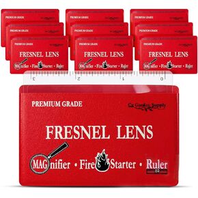 Fresnel Lens 4X Magnifier Pocket Wallet Credit Card Size • Ruler - Unbreakable Plastic for Home Office Classroom & Outdoor EDC Survival Kit Bushcraft (10 Pack Ruler/Magnifier - Red)