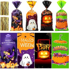 200 PCS Halloween Treat Bags, Halloween Goodie Bags with Twist Ties, Halloween Candy Bags for Halloween Party Favors, Trick or Treat, Hallowen Gift Party Supplies