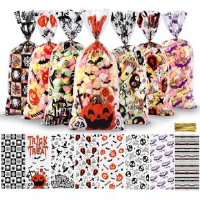 Vellibring 120 PCS Halloween Cellophane Treat Bags, Clear Plastic Halloween Candy Bags Trick or Treat Goodie Bags with 150 PCS Twists Ties for Halloween Snacks Cookies Packing Party Favors