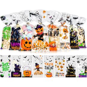 CUDICY Halloween Treat Bags, 5X11 Halloween Candy bags, Cellophane Bags Goodie Bags Party Favor Bags Clear Gift Bags Cookie Bags Trick or Treat Bags with Ties
