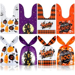 50 Pack Halloween Goodie Bags - Plastic Halloween Treat Bags, Happy Halloween Goody Bag, Trick or Treat Rabbit Ear Candy Treat Snack Cookie Gift Favor Bags for Kids Halloween Party Supplies Favors