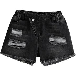 Girl's Solid Ripped Raw Hem High Waist Jean Straight Leg Zipper Denim Shorts Distressed Frayed Short with Pocket