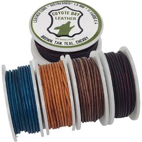 Coyote Bay® Genuine Leather Cord Round Spool in 4 Distressed Colors, 11 Yards Each, for Jewelry Making, Crafts and Hobby Projects (2 mm)