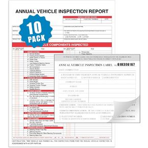 Annual Vehicle Inspection Report Form, 10-Pack, 3-Ply Carbonless, 8.5" x 11.75" with 2-Ply Vinyl White Interior Inspection Label 5"x4", DOT Compliant