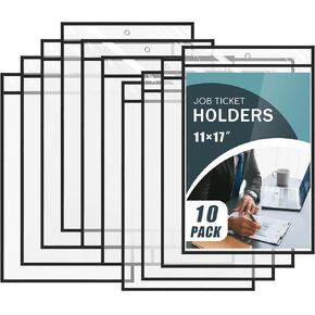 10 Pack 11 x 17 Inches Job Ticket Holders Dry Erase Pocket Sleeves Clear Shop Ticket Holders Hanging Plastic Sleeves for Paper Document Organization
